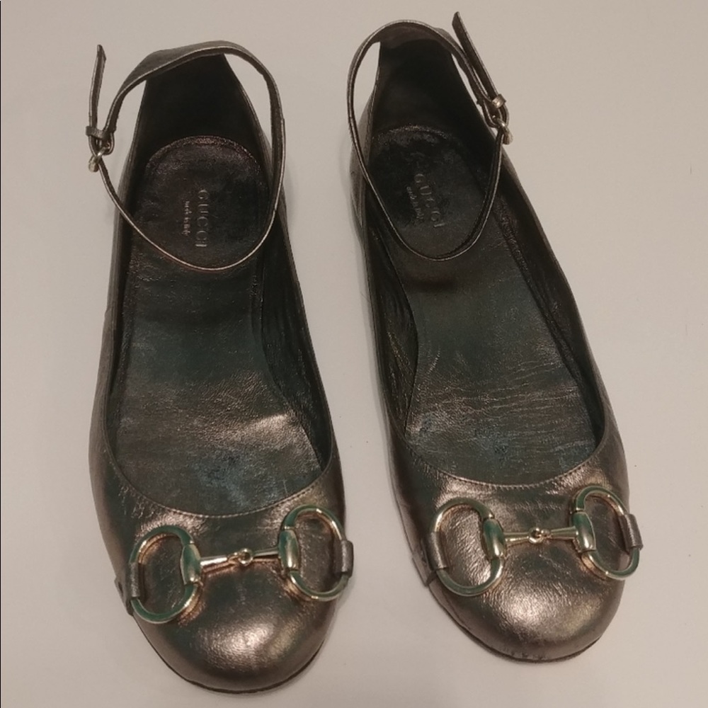 Gucci Metallic Bronze Leather Flats with Horsebit